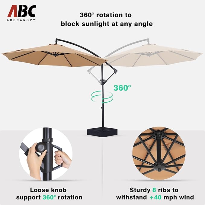 ABCCANOPY 10FT Cantilever Patio Umbrella with base included, 360° Rotation Outdoor Offset Umbrella Bonus Fix Frame & Weights Bag for Backyard, Deck, Poolside (Khaki)