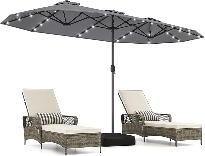 Tangkula 13FT Double-Sided Solar Patio Umbrella, Extra-Large Outdoor Twin Umbrella with 36 LED Lights, Vented Top, Crank Handle, 12 Ribs, Weighted Base Included for Backyard Poolside Deck (Gray)
