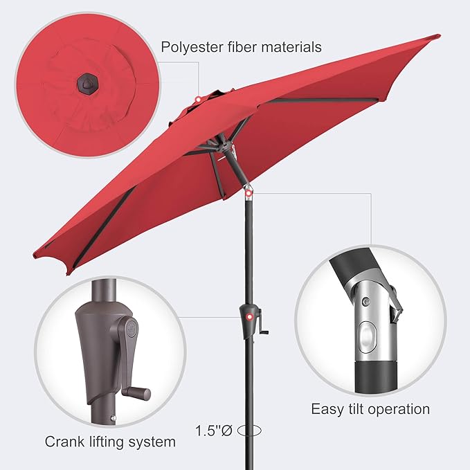 7.5ft Outdoor Patio Umbrella - Table Umbrella Waterproof UV Protection, Sombrillas de Patio with Push Button Tilt, Sun Umbrella for Pool, Porch, Garden, Deck, Backyard (Red)