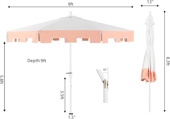 JONATHAN Y Baiona 9 ft. White/Coral Pink Outdoor Patio Umbrella with Crank Lift and Tilt, 8 Ribs UV-Resistant Market Table Umbrella with Square Trim for Pool, Deck, Coastal, White Pole UMB1000C
