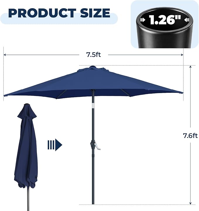 Outdoor Patio Umbrella, 7.5ft Sun Umbrella with Tilt Adjustment and Crank, 6 Ribs Outdoor Umbrellas for Patio, Deck, Garden，Yard, Poolside