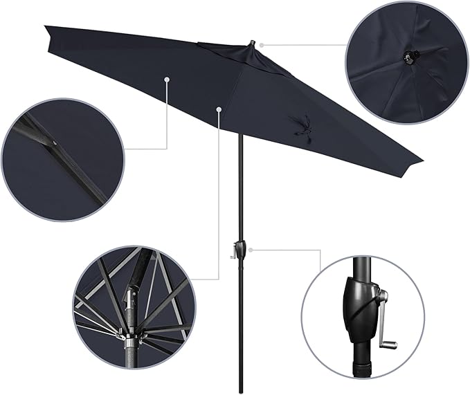 California Umbrella 12-Year Protection 9' Rd Aluminum Patio Umbrella, Crank Lift, Auto Tilt, Black Finish, Sunbrella Indigo