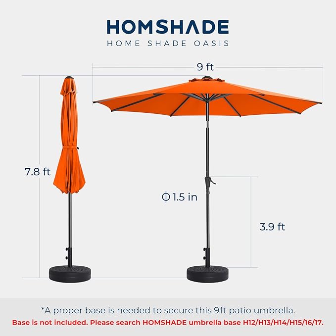HOMSHADE 9ft Outdoor Patio Umbrella - Market Table Pool Deck Umbrella UPF50+ UV Protection with Push Button Tilt, Crank and 8 Sturdy Ribs (Neon Orange, No base)