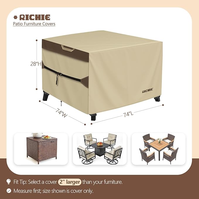 RICHIE Outdoor Patio Furniture Cover - Heavy Duty Waterproof 600D Tough Canvas Protector for Square Table Cover, All-Season Dining Table and Chair Cover (74L x 74W x 28H Inch)