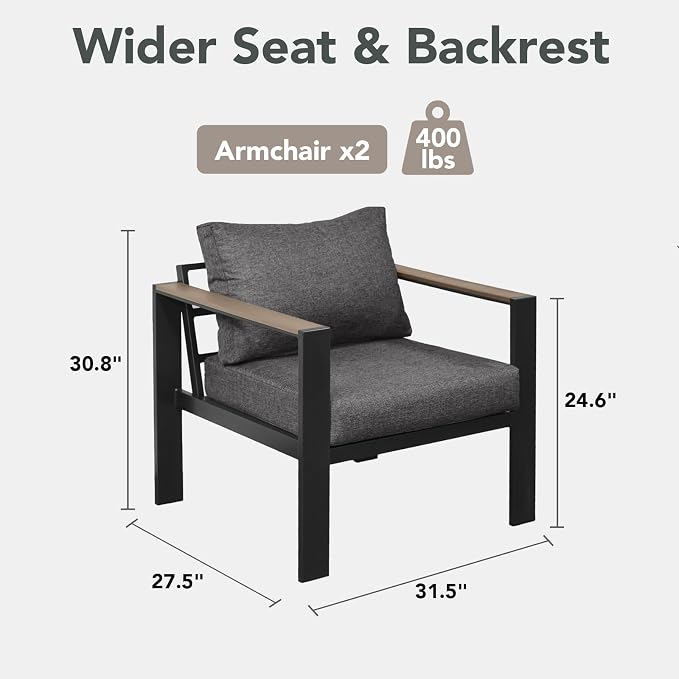 Outdoor Patio Furniture Set 2 Pieces Armchair with Washable Thick Cushions, Luxury Aluminum Patio Furniture Chair Modern Outside Sectional Set for Porch, Balcony, Deck, Yard, Dark Gray
