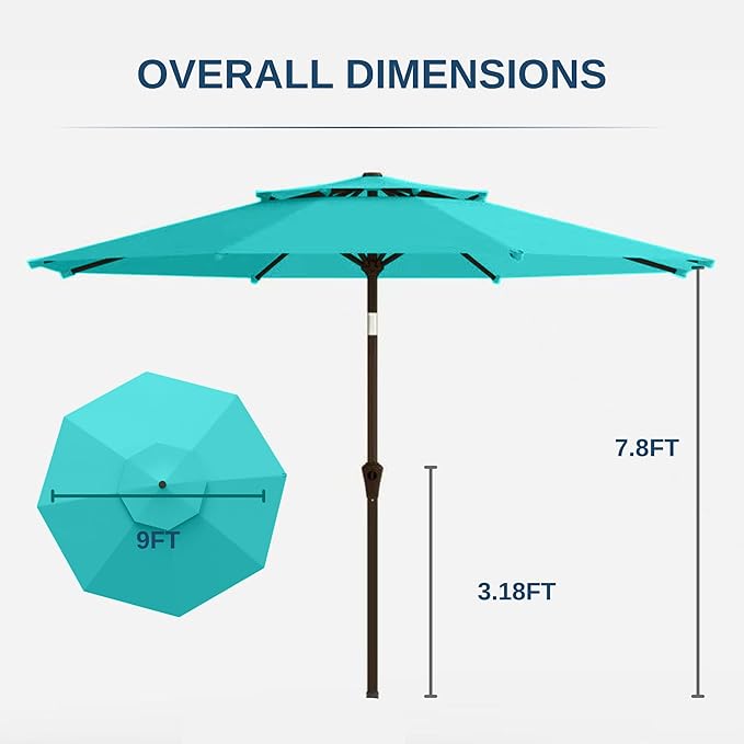 9ft 2-Tiers Patio Umbrella,Outdoor Market Table Umbrella with Push-Button Tilt & Crank | UV Protection,Suit for Backyard,Garden,Pool,Deck(Peacock Blue)