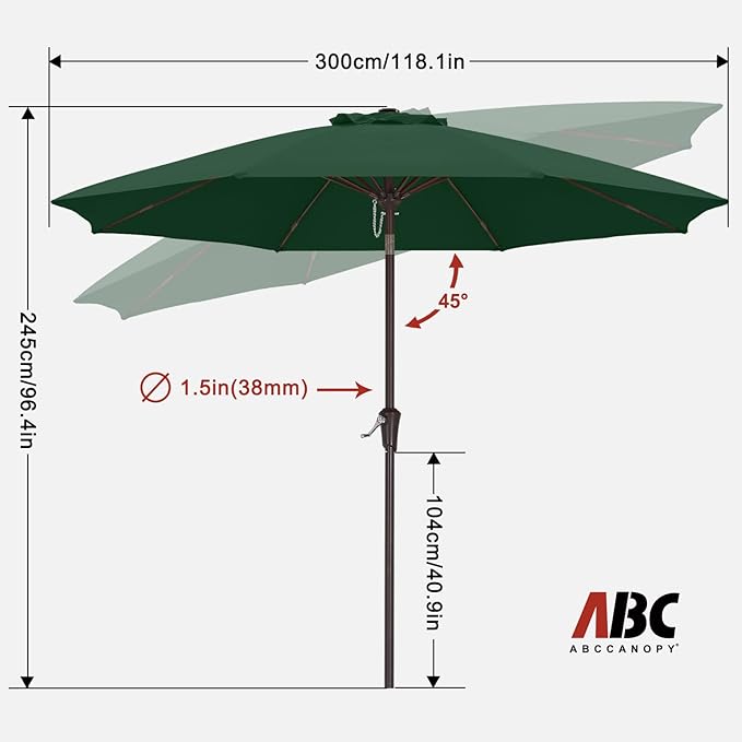 ABCCANOPY 10FT Patio Umbrella, Outdoor Waterproof Table Umbrella with Push Button Tilt and Crank, 8 Ribs UV Protection Pool Umbrella for Garden, Lawn, Deck & Backyard (Forest Green)