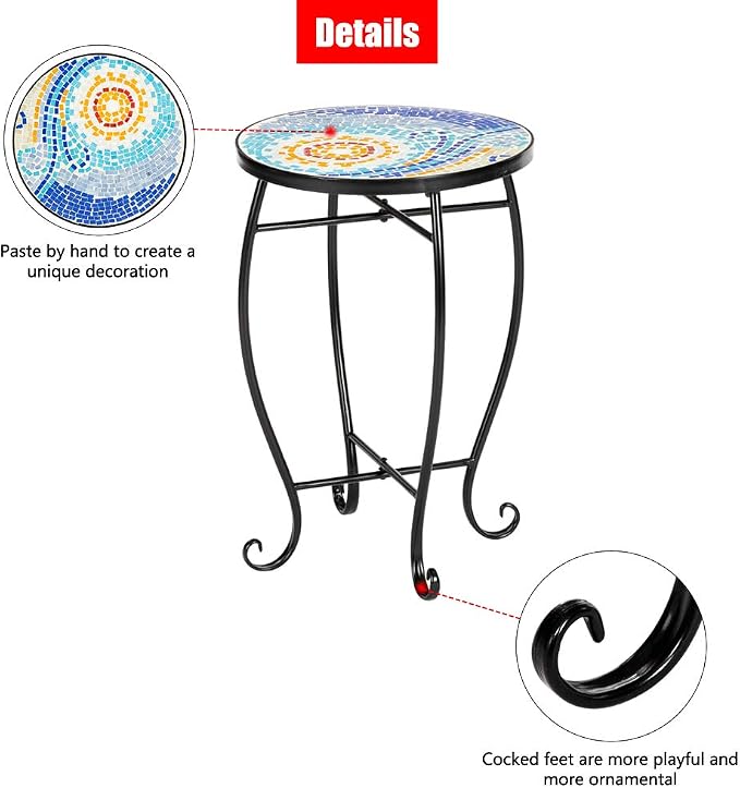 Mosaic Outdoor Side Table, 14inch Round Small Patio Accent Table Ottoman Mosaic Bistro Table Indoor End Table for Yard, Garden, Living Room, Bistro Balcony or Lawn (Sun, 14'')