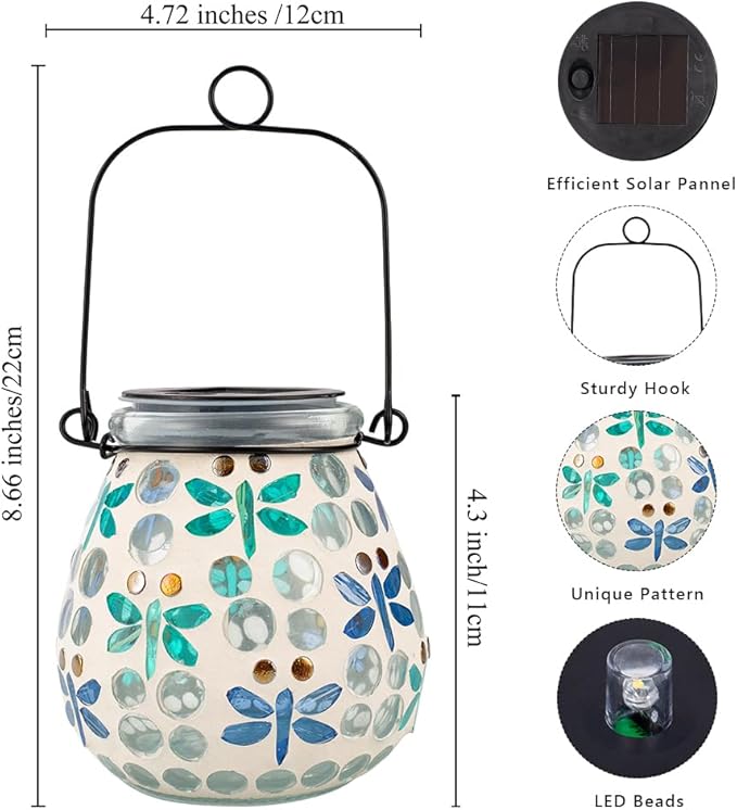 Stargarden Mosaic Solar Lanterns Outdoor Waterproof, Dragonfly Lanterns Decorative Outdoor, Glass Hanging Solar Lights Table Lamp for Yard, Garden Decor