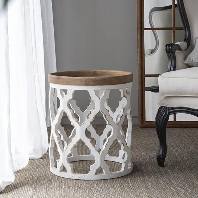 Patio Outdoor Round Side Table Rustic Farmhouse Circle End Table for Living Room Distressed White