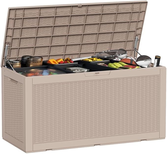 100 Gallon Outdoor Storage Box - Resin Deck Box for Waterproof Patio Furniture and Storage Bench - Lockable and UV-resistant for Pool and Outdoor (Grey)