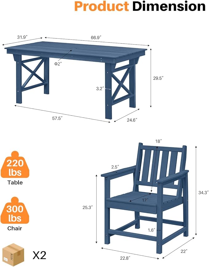 5 Pieces HDPE Patio Dining Set, Outdoor Table and Chairs with Umbrella Hole, Modern Outdoor Dining Set for 4, HDPE Outdoor Patio Furniture Dining Sets for Deck, Poolside, Porch, Navy