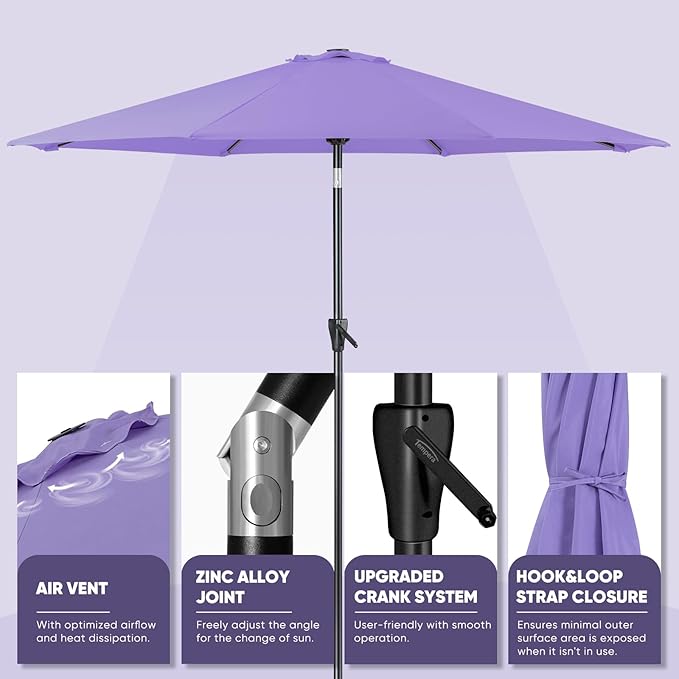 Tempera Patio Market Outdoor Table Umbrella with Push Button Tilt and Crank, Large Sun Umbrella with Sturdy Pole & Fade Resistant Canopy, Easy to Set