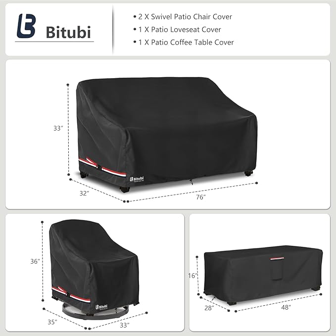 Bitubi Outdoor Waterproof Patio Furniture Covers 4-Piece Set for Swivel Rocker Chairs, Patio 3-Seater Sofa 76in, Coffee Table 48in, Heavy Duty 600D Tough Canvas, Black