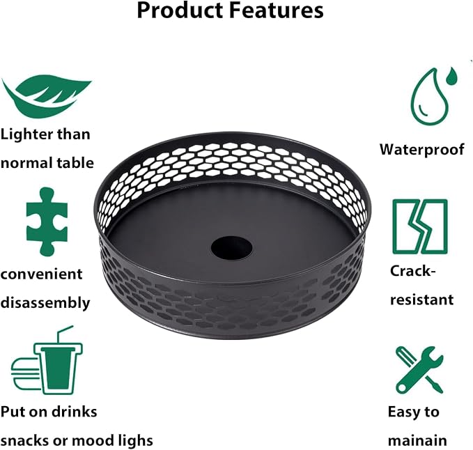 10'' Patio Umbrella Table Tray for Outdoor, Portable Round Table Tray with Umbrella Hole for Beach Patio Garden Pool Umbrella, Hollow Diamond Shape, Black