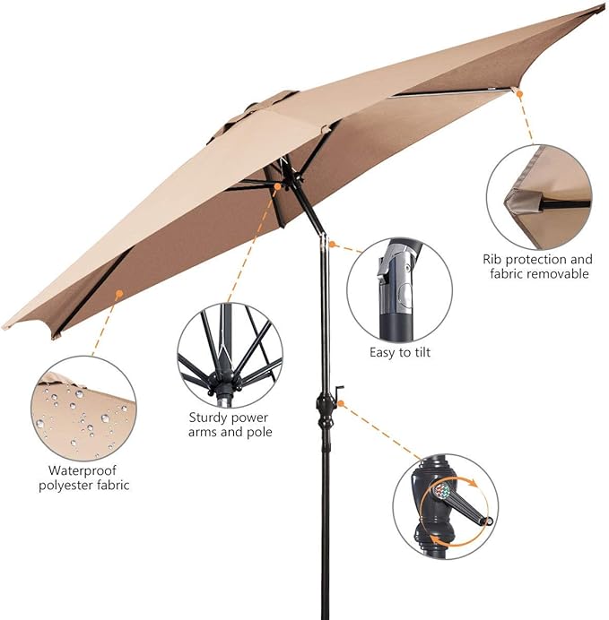 10-Foot Outdoor Water/UV-Resistant Patio Umbrella, Round Tilt Garden Market Table Mental Umbrella, with Crank, Adjustable Levels, Perfect For BBQ, Seaside, Swimming Pool, Beige