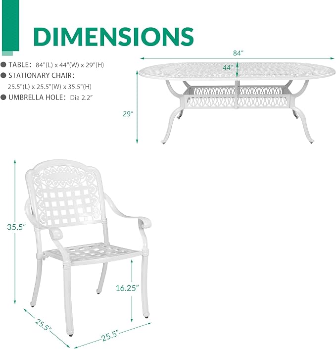 VIVIJASON 9-Piece Patio Furniture Dining Set, Rust-Free Cast Aluminum Outdoor Conversation Set, Include 8 Chairs and an Oval Table with Umbrella Hole for Balcony Lawn Garden Backyard, White