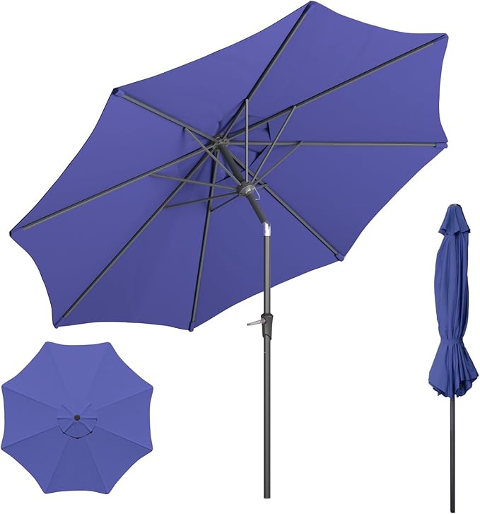 Outdoor Patio Umbrella with One Push Button Tilt and Crank, 8 Sturdy Ribs Market Table Umbrella