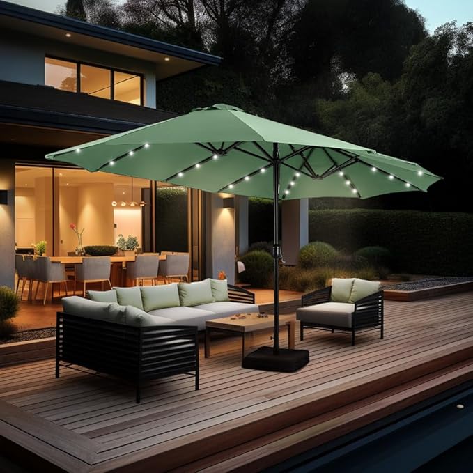 GREEN PARTY 15 ft Large Outdoor Patio Umbrella with Solar Led Lights & Base Included, Double-Sided Rectangular Table Umbrella with Stand, Market Umbrellas for Deck Poolside Garden Backyard, Mint Green
