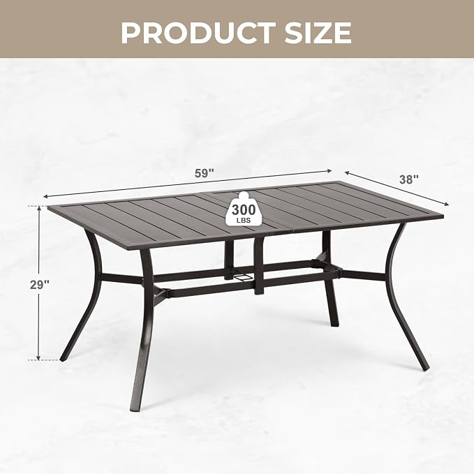 COWVIE Patio Dining Table for 6 People, 59" Metal Outdoor Table with Adjustable Umbrella Hole for Garden, Poolside, Backyard