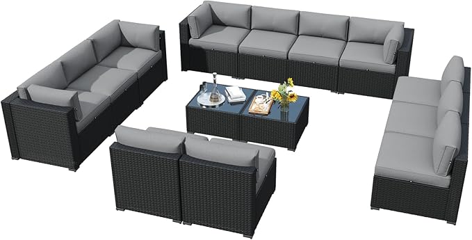 LazySunsets 14 Piece Outdoor Patio Furniture Set with Coffee Table, Outdoor Patio Furniture Set with Waterproof Cover, Wicker Rattan Outdoor Conversation Set for Backyard & Garden, Light Grey
