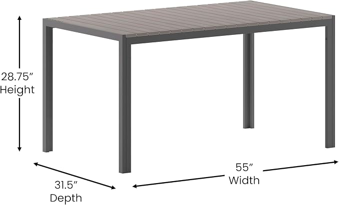 Flash Furniture Finch Commercial Grade Outdoor Dining Table 55" x 31" with Faux Teak Poly Slats and Metal Frame, Gray/Gray
