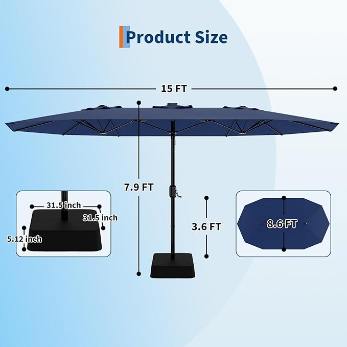 15FT Extra Large Double-Sided Patio Umbrella with Solar LED Lights – Heavy-Duty Rectangular Outdoor Market Umbrella, Fade-Resistant UV Canopy, Included Base for Backyard, Pool, Deck, Garden – Beige/Mist Blue