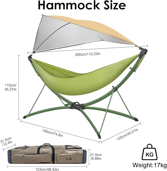 Portable Hammock with Quick Setup Folding Stand & Adjustable Sunshade Canopy & Storage Bag, Adult/Child Hammock Chair, for Camping Home Garden Hotel Outside Beach Forest (Green)