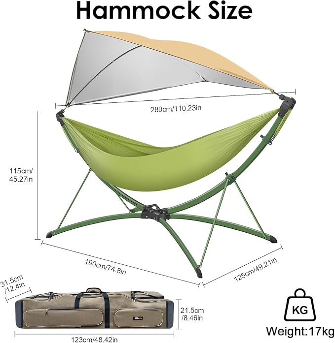 Quick-Fold Hammock with Stand for Outside, 60-Sec Setup 550lb Heavy-Duty Portable Folding Hammock with Adjustable Sunshade & Carry Bag for Camping Beach Garden Indoor Outdoor(Green)
