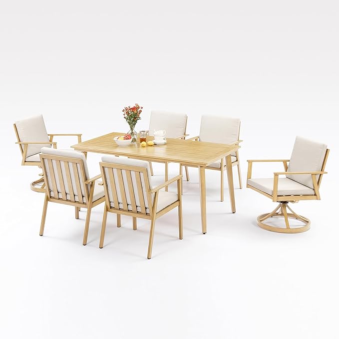 7 Pieces Outdoor Dining Set for 6, Never-Rust Aluminum Patio Swivel Dining Set with 2.2" Umbrella Hole, Outdoor Patio Furniture Set with 2 Swivel Chairs for Decks, Pool, Backyard, Maple Wood