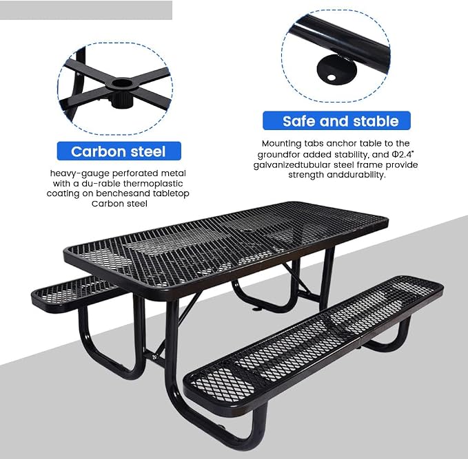 72" Rectangular Metal Picnic Table for 4-8 Person, Durable Heavy Duty Commercial Picnic Table with Umbrella Hole for Outdoor Coffee Shop, School, Hospital, Easy to Install, Black
