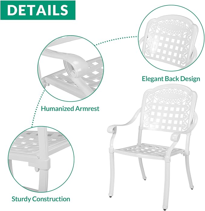 VIVIJASON 7-Piece Patio Furniture Dining Set, All-Weather Cast Aluminum Outdoor Conversation Set, Include 6 Chairs and a Rectangle Table with Umbrella Hole for Balcony Lawn Garden Backyard, White