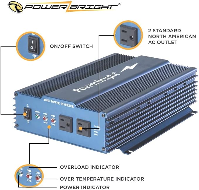 PowerBright 600 Watt Pure Sine Wave Power Inverter, 12 V DC to 120 V AC Car Inverter w/ Dual 120 Volt AC Outlets & Overload Indicator. Perfect for Camping, Emergency, Hurricane & Storm Outage