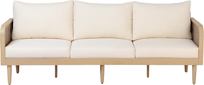 Christopher Knight Home Edward 4 Piece Patio Furniture Set with 3-Seater Sofa, Club Chairs And Coffee Table, 5 Seater Outdoor Acacia Wood Conversation Set, Patio Sofa Set, Light Teak+Light Brown+Cream