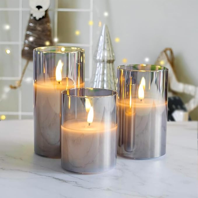 CANDLE CHOICE Real Wax Battery Operated Flameless Pillar Candles with Remote Timer Grey Glass Shell Realistic Black Wick Flickering Electric LED Lights Wedding Halloween Christmas Decorations 3 Pack