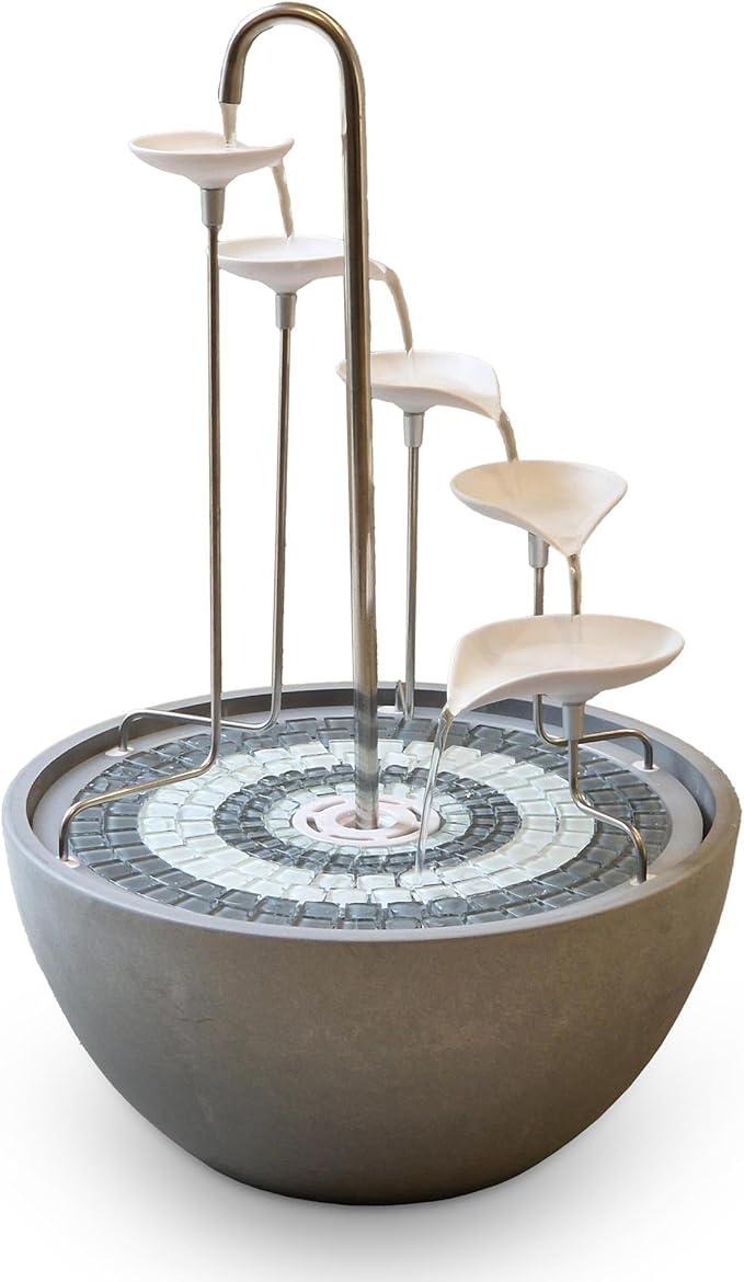 HYDRIA Water Feature Fountain White Leaf Cascade, Grey Mosaic, Porcelain Bowl Included, Up to 100 Hours per Charge, USB Charging, Outdoor and Indoor use, British Brand, Wireless, No Solar Needed