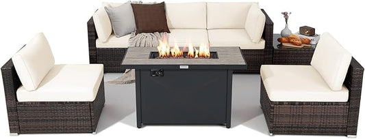 Tangkula 7 Piece Patio Furniture Set with Fire Pit Table, Includes 42 Inches 60,000 BTU Propane Rectangle Fire Pit and Protective Cover, Outdoor Cushioned Sectional Sofa Set for 5 (Off White)