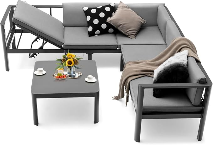 Tangkula 3 Piece Aluminum Patio Furniture Set, Patiojoy Outdoor Sectional Sofa Set with 6-Level Reclining Backrest, Tempered Glass Tabletop, Seat & Back Cushions for Backyard, Poolside (Grey)