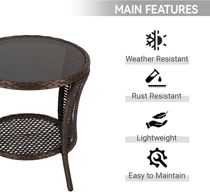 Kinfant Round Outdoor Wicker Side Table - with Tempered Glass Top, Patio End Table with Unique Shape, Storage Shelf for Balcony, Porch, Deck, Garden, Weather-Resistant, Easy Assembly, Black Gold