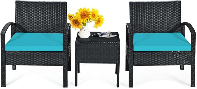 Hysache 3 Piece Patio Furniture Set, PE Rattan Conversation Set w/Washable & Removable Cushion, Coffee Table w/Storage Space, Wicker Sofa Set for Garden Poolside Balcony (Turquoise)