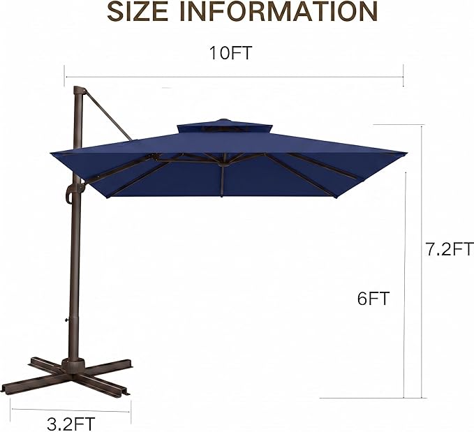 Kingdura Cantilever Patio Umbrella with Double Top Vent, Large Square Aluminum Outdoor Offset Umbrella with 360-degree Rotation, Infinite Tilt, UV Protection for Pool Deck Garden Patio
