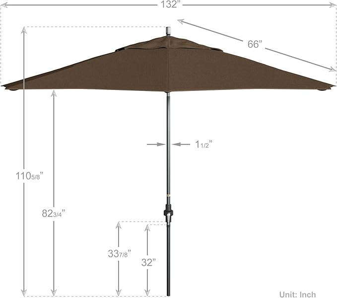 California Umbrella 11Ft Premium Sunbrella Patio Umbrella, Hand-Crank, Tilt-Collar, Gray Frame, Taupe Fabric