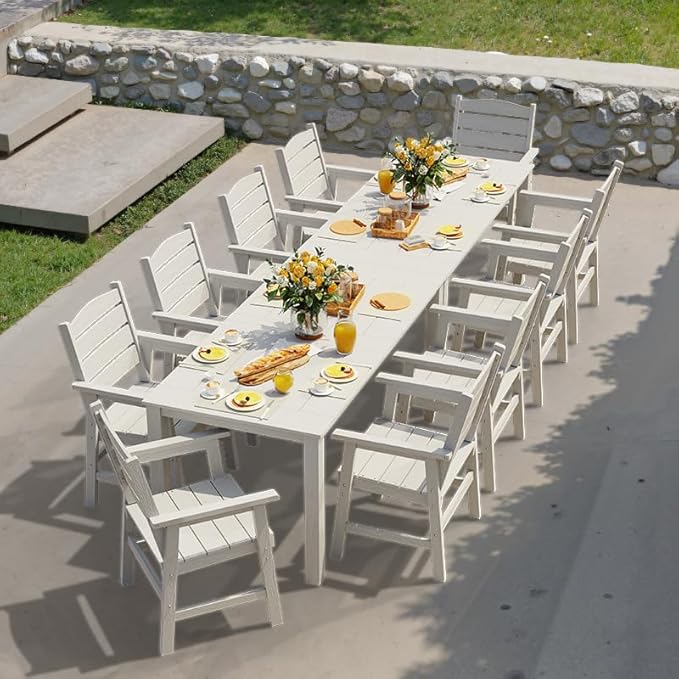 YEFU HIPS Patio Dining Sets: 12-Piece Outdoor Table and Chairs with Umbrella Hole - All-Weather Modern Patio Dining Set for 10 Outside Furniture with Metal Aluminum Frame for Family with Deck White