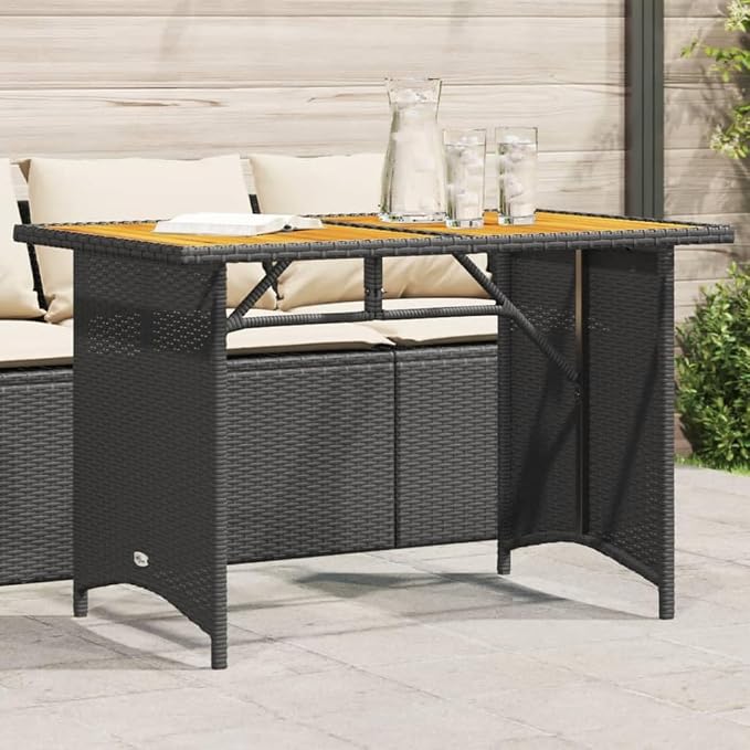 Outdoor Dining Table Black and Natural Wood, Solid Acacia Wood Top Patio Table, 43.3 Inch Long Garden for Balcony Patio Use