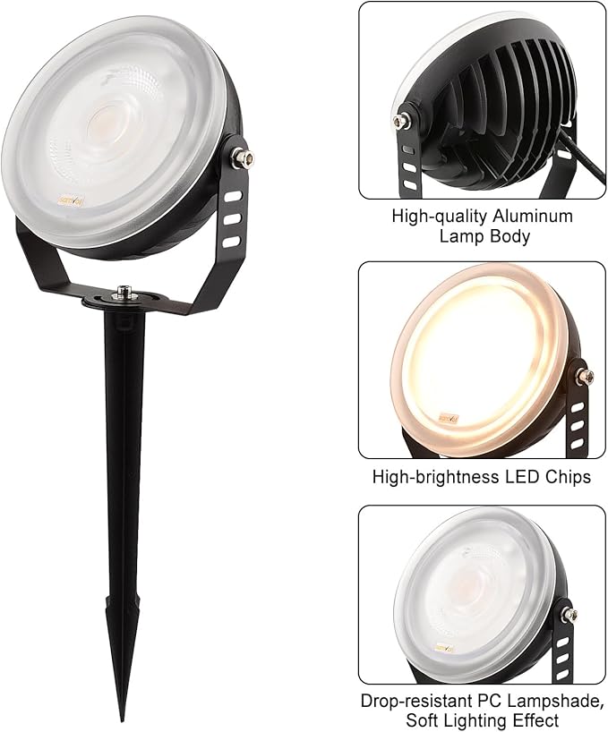 12W LED Edge-Lit Landscape Spotlight IP67 Waterproof 120V 3000K Thickened Aluminum 270° Adjustable Bracket for Yard Garden Tree Architectural Lighting