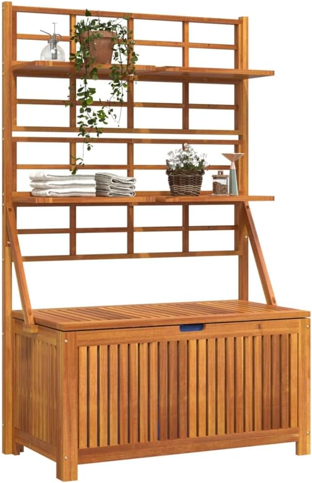 39"x19.7"x63" Outdoor Storage Box with Trellis, Solid Acacia Wood Patio Deck Box for Garden Tools, Rustic Brown, Weather-Resistant Chest for Yard, Balcony & Porch