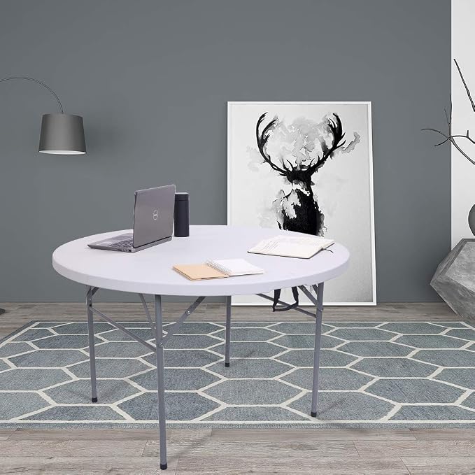 48" Round Folding Commercial Table, 4 Feet Portable Plastic Dining Card Table for Kitchen or Outdoor Party Wedding Event