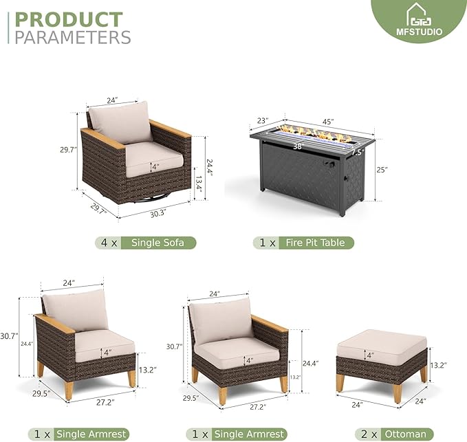 MFSTUDIO 9 Piece Wicker Patio Furniture Sets with Fire Pit Table, 4 x Swivel Chair, 2 x Ottoman, 2 x Corner Sofa, All-Weather PE Rattan Patio Conversation Set Outdoor Sectional Sofas(Beige Cushions)