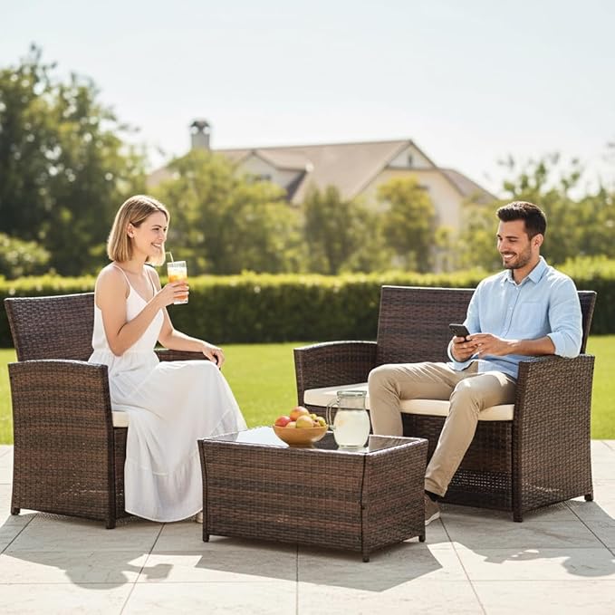 FHFO 4 Piece Outdoor Patio Furniture Sets, Wicker Conversation Sectional Set, Rattan Chairs with Table and Loveseat for Balcony Porch Backyard (Brown-Beige)