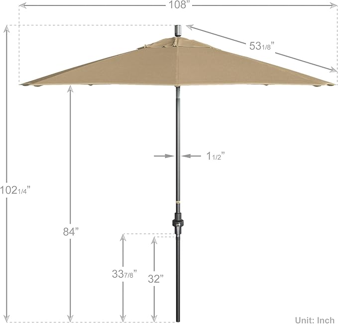 California Umbrella 9' Rd. Crank Lift, Collar Tilt, Aluminum Pole, Fiberglass Rib Patio Umbrella, Hammertone Grey Finish, Sunbrella Antique Beige